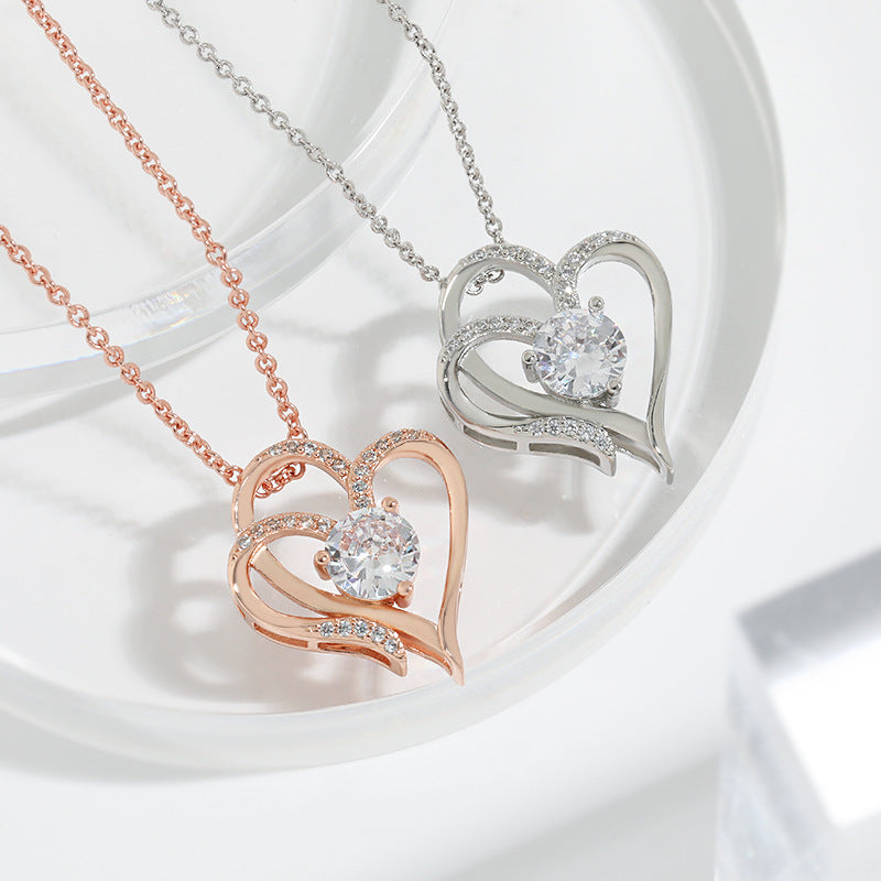 Zircon Double Heart -Shaped Necklace With Rhinestones