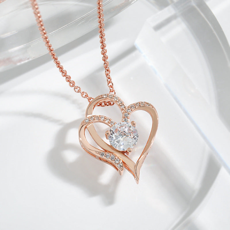 Zircon Double Heart -Shaped Necklace With Rhinestones