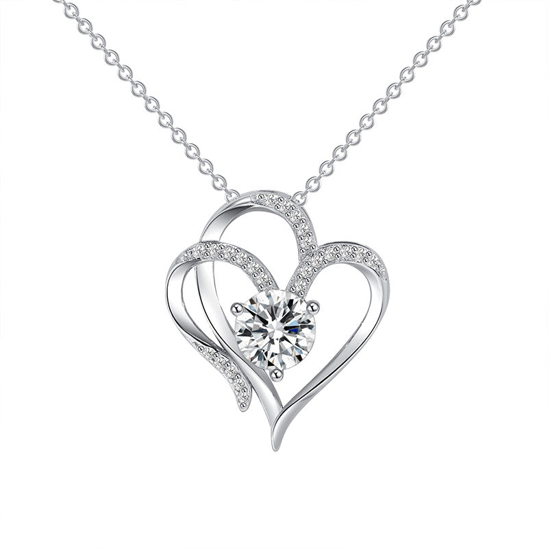 Zircon Double Heart -Shaped Necklace With Rhinestones