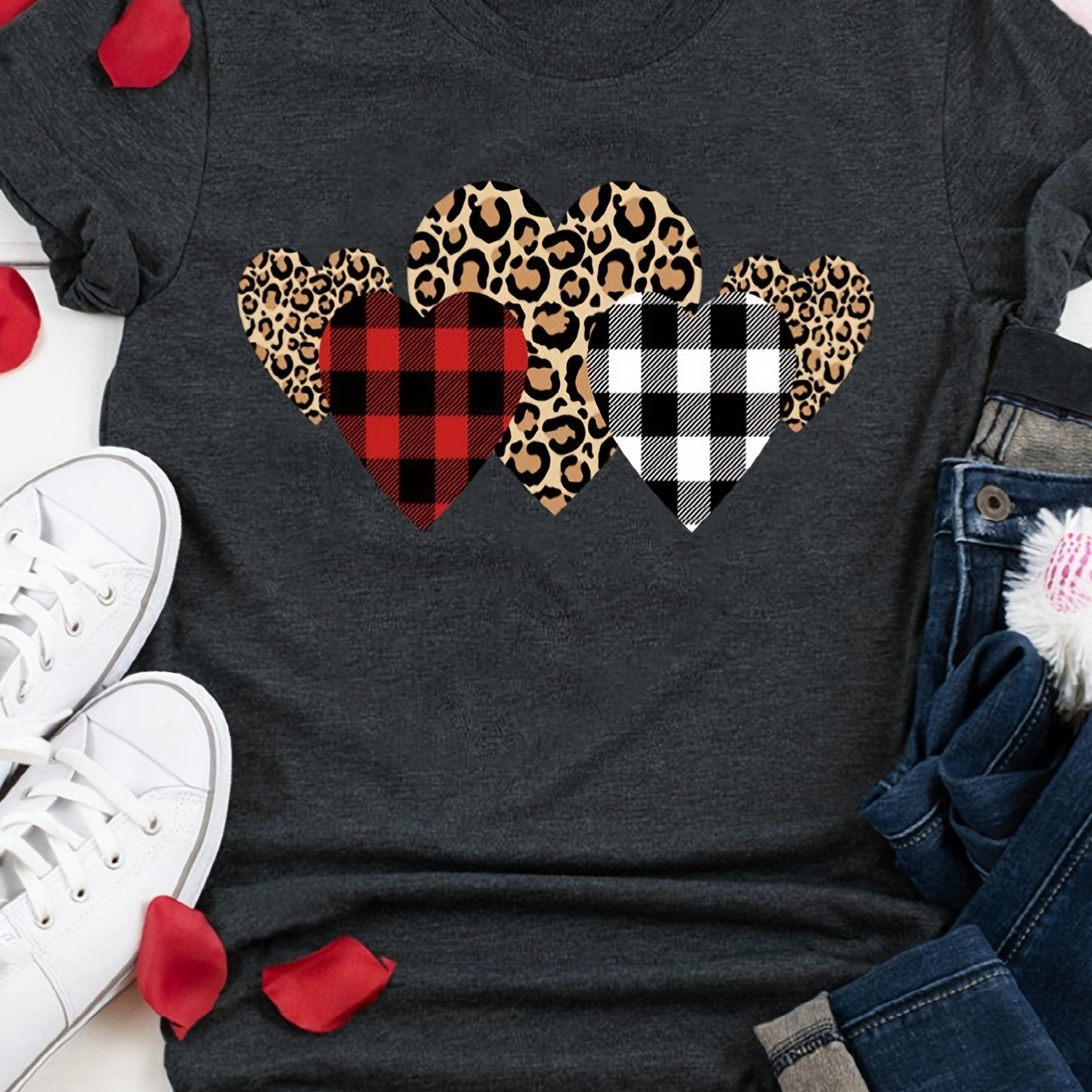 Heart Print Crew Neck T-Shirt