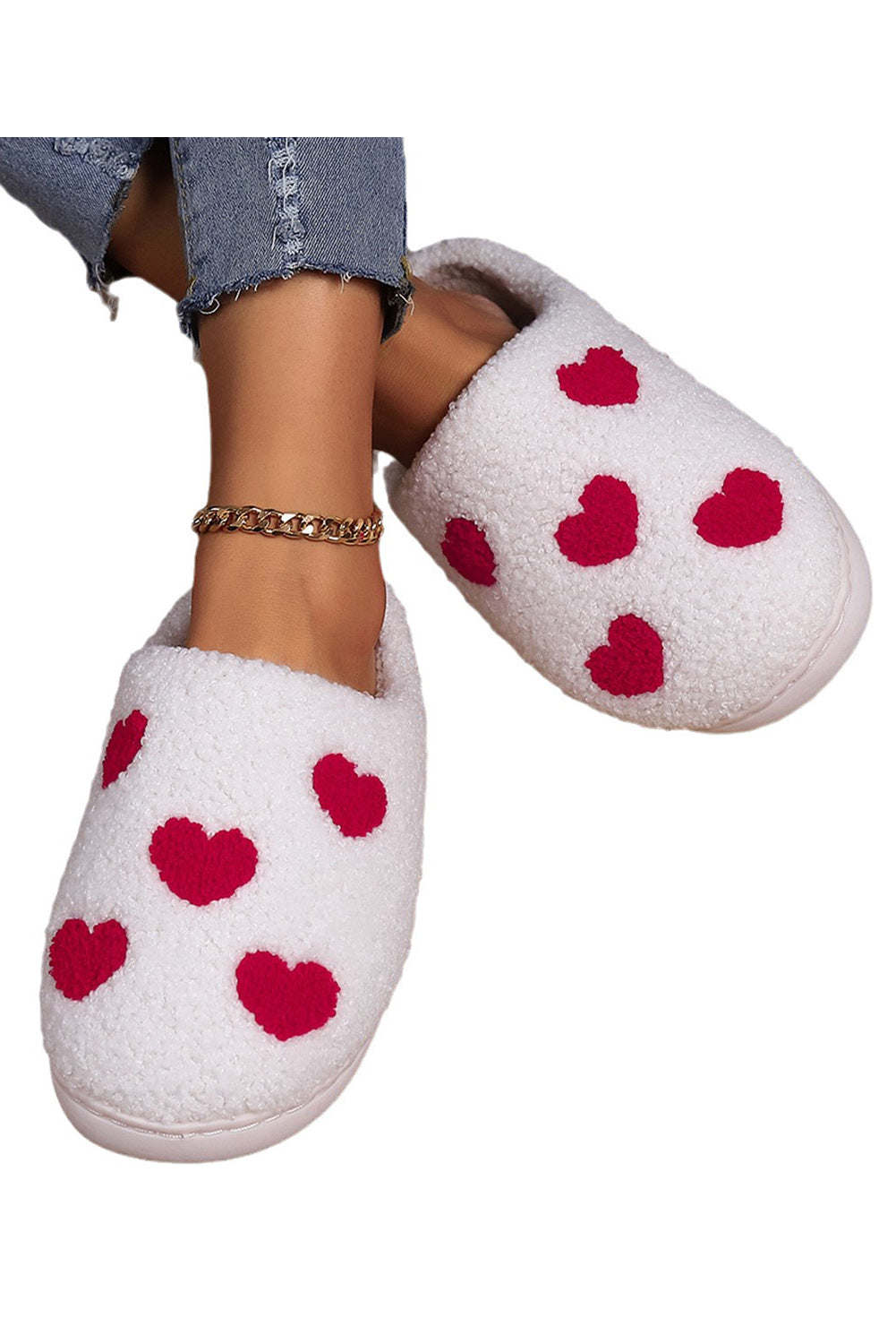 Red Hearts Print Plush Slippers