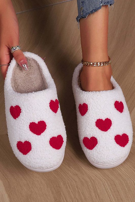 Red Hearts Print Plush Slippers