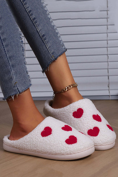 Red Hearts Print Plush Slippers