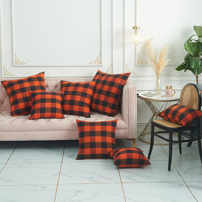 Cotton Orange & Black Checkered Pillow Cases