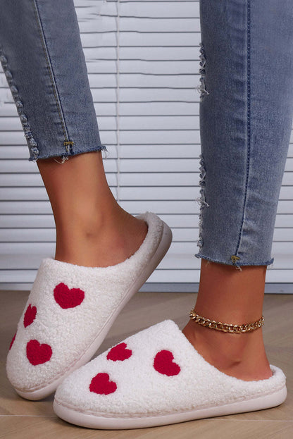 Red Hearts Print Plush Slippers