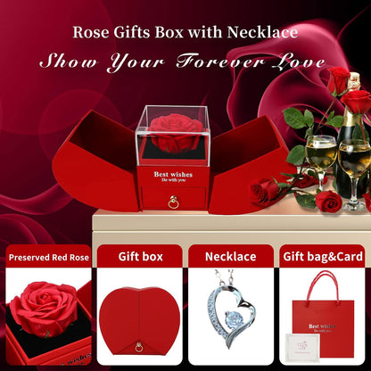 Preserved Red Real Rose Box with Necklace