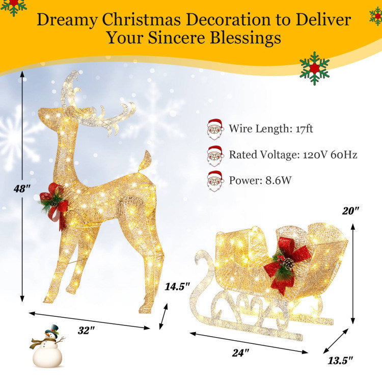 Christmas Reindeer Sleigh Decoration with 100 Lights