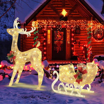 Christmas Reindeer Sleigh Decoration with 100 Lights