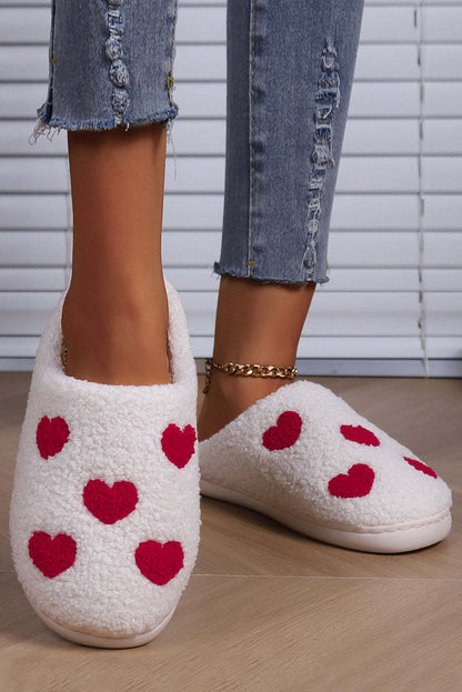 Red Hearts Print Plush Slippers